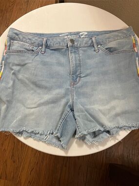 Seven7 Light Blue Denim Frayed Hem Shorts with Rainbow Trim